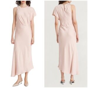 NWT Luxely Asymmetric Satin Maxi Dress Ruffle Sleeve Gathered Waist Blush Sz 8